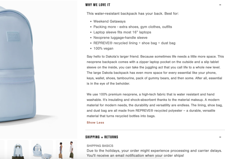 screenshot of the description of the dagne dover dakota backpack